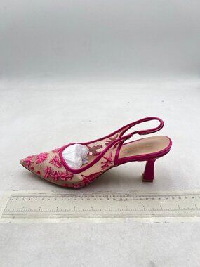 Fuchsia Pointed Toe Embroidered Mesh Slingback High Heel Elastic Backstrap Shoes